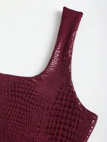 Sweetra New Stylish Burgundy Crocodile Embossed PU Coated Elastic Streetwear Party Clubwear Commuter Everyday Fitted Tank Top For Women, Spring/Summer - Burgundy - View 5