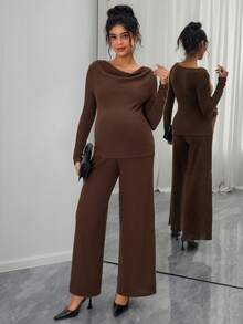 SHEIN Elegant Casual Loose Camel Ribbed Knit Top And Pants Maternity Two Pieces Set, Suitable For Commuting In Spring And Autumn - Coffee Brown - View 5