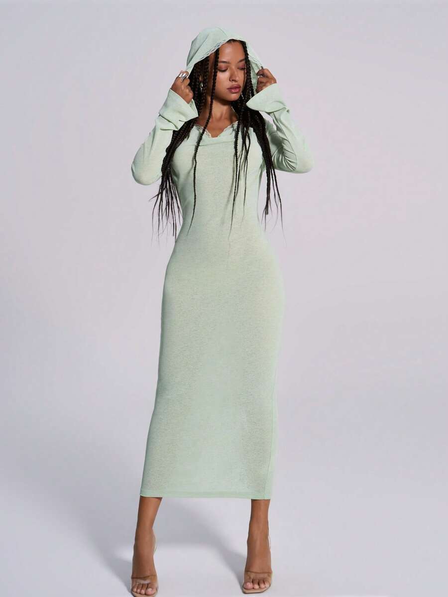 TypaGal 女士优雅通勤纯色连帽修身连衣裙 - 綠色 - 查看 1