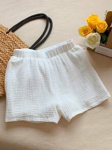 SHEIN EZwear Solid Elastic Waist Shorts White Shortsshort Alfaiataria Brancowhite Shorts For Girls - White - View 5