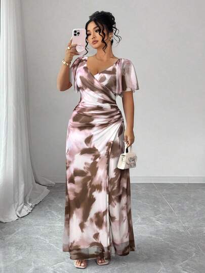 Elenzga Floral Print V-Neck Ruffle Sleeve Cinched Waist Pleated Split Long Sleeve Wedding Bridesmaid Dress, Elegant Party Maxi Dress For Holiday