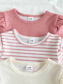 SHEIN Vintaside Kids 3件套女婴舒适休闲常规厚度针织罗纹条纹纯色圆领荷叶边下摆短袖简约T恤，时尚百搭，适合夏季、居家、外出、旅行、上学和日常穿着。 - 彩色 - 查看 7