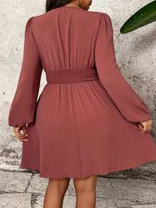 EMERY ROSE Plus Size Women V-Neck Ruched Waist Puff Sleeve Mini Dress - Redwood - View 2