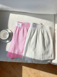 Comfortcana 两件套女士夏季休闲宽松短裤，粉色条纹蝴蝶结亚麻短裤和白色抽绳裹身短裤，适合海滩度假，超短款短裤 - 粉色 - 查看 8