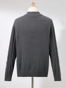 Manfinity Homme 男士拉链半开襟麻花图案休闲毛衣，秋冬款 - 灰色 - 查看 2