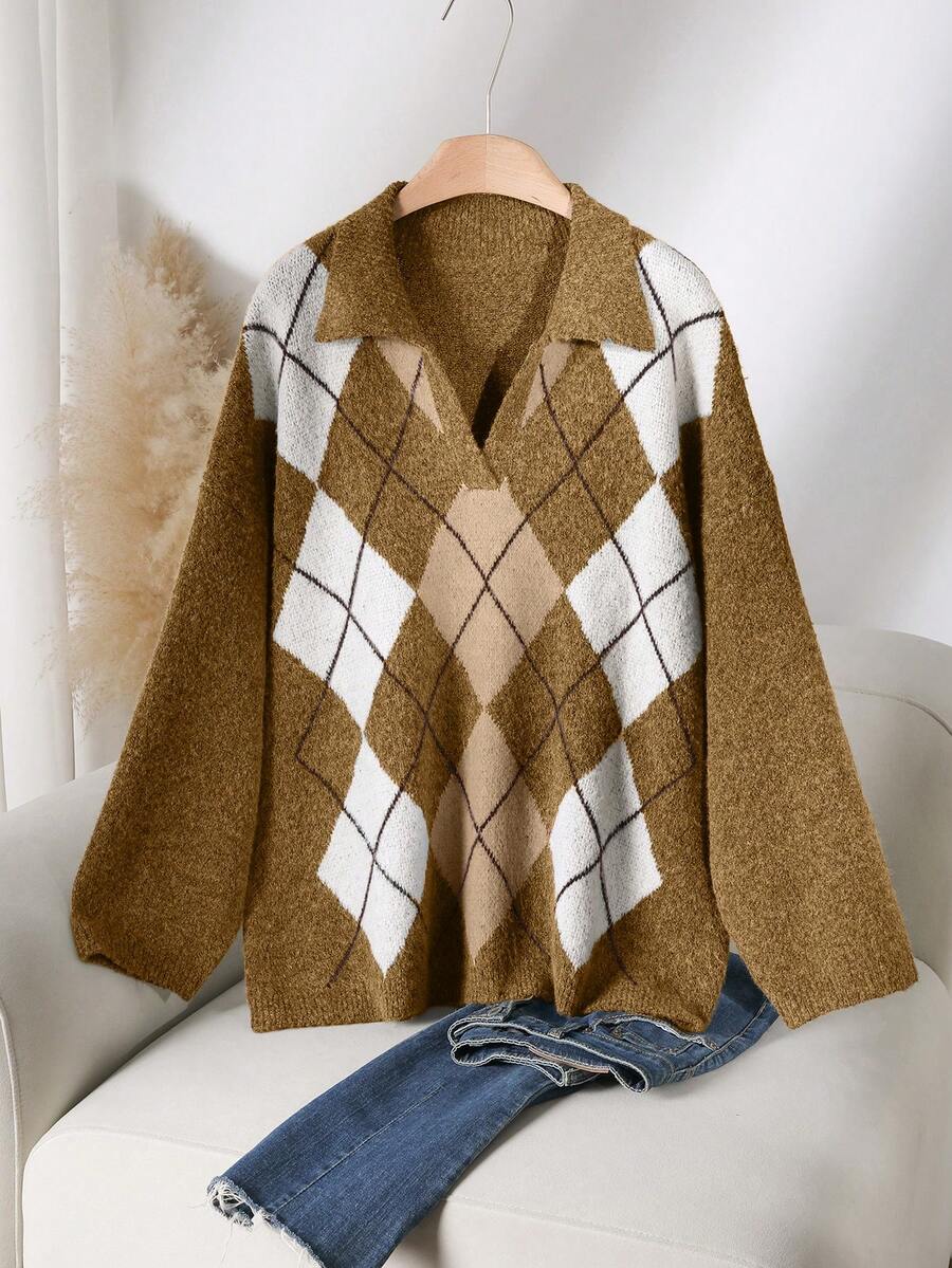 CosyJoli Große Größen Rhombus Muster Farbblock Lässiger Langarm Pullover Sweater Herbst Winter Kleidung für Frauen