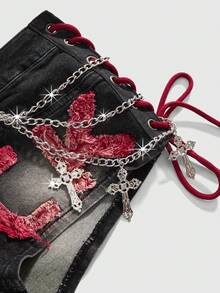 ROMWE J-Fashion Spring/Summer Women's Tie-Up Fashion Applique Denim Shorts With Belt Loops, Summer - Grey - View 3