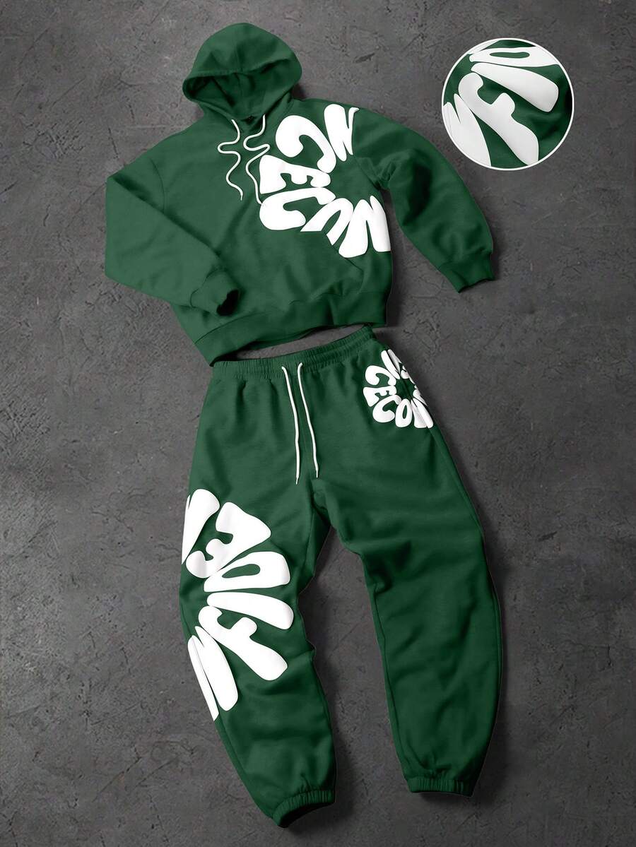 PAVTROS 2pcs Men's Casual Hooded Sweatshirt And Drawstring Pants Set - Dark Green - View 1