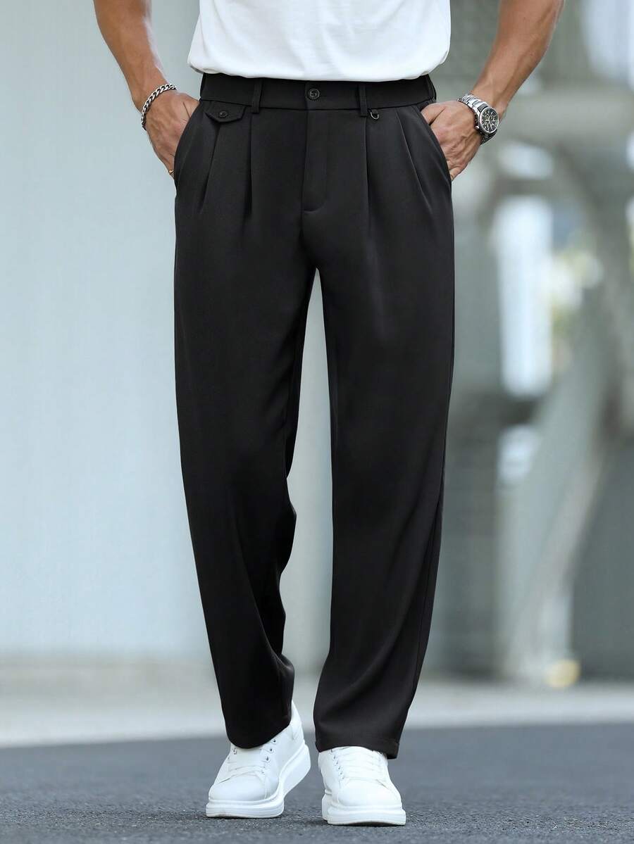Manfinity Mode Herren Business Pendler schwarze Webstoff Gerade Bein Anzughose mit Reißverschluss, Herren einfarbige plissierte Taschen Casual/Business Anzughose - Schwarz - Übersicht 1
