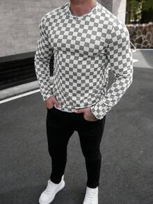 Manfinity CasualCool 男士休闲格子印花长袖T恤 - 灰色 - 查看 4