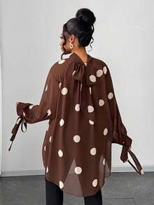 Maweii 大码优雅薄纱波点高领宽松袖口蝴蝶结袖口长袖衬衫 - 棕色 - 查看 3