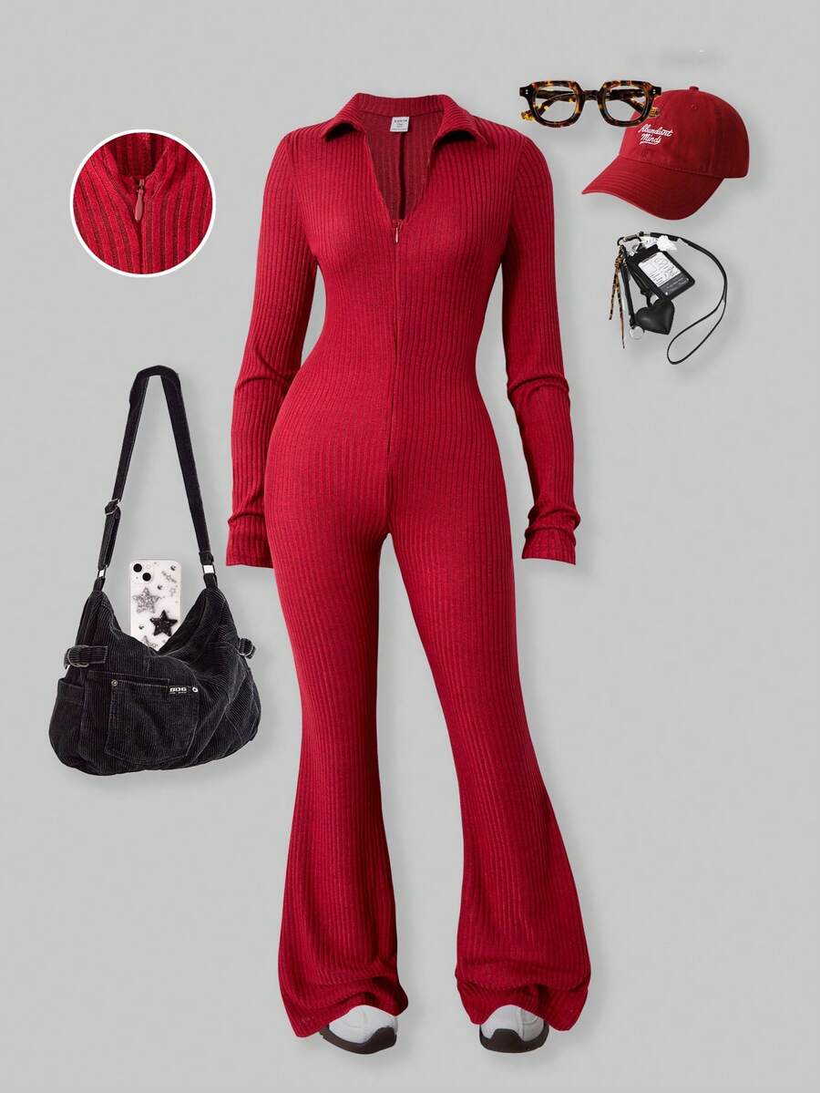 Sparklyn Teen Girl Grey Ribbed Knit Long Sleeve Cardigan Jumpsuit - Red - View 1