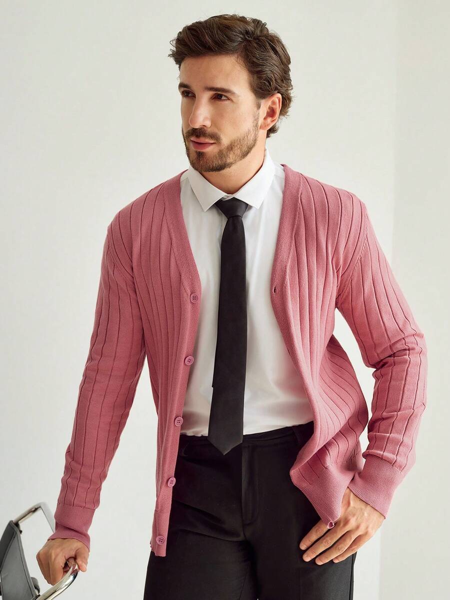 Manfinity Homme Cárdigan casual minimalista de unicolor para hombre - Rosado Sandía - Ver 1
