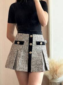 Andrea Bello Chân váy xếp ly họa tiết xương cá bằng vải Tweed tương phản cho mùa thu đông - Màu be - Xem 7