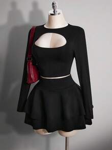 SHEIN ICON 大码女装 Y2K 镂空性感针织上衣，双层蛋糕裙 - 黑色 - 查看 4