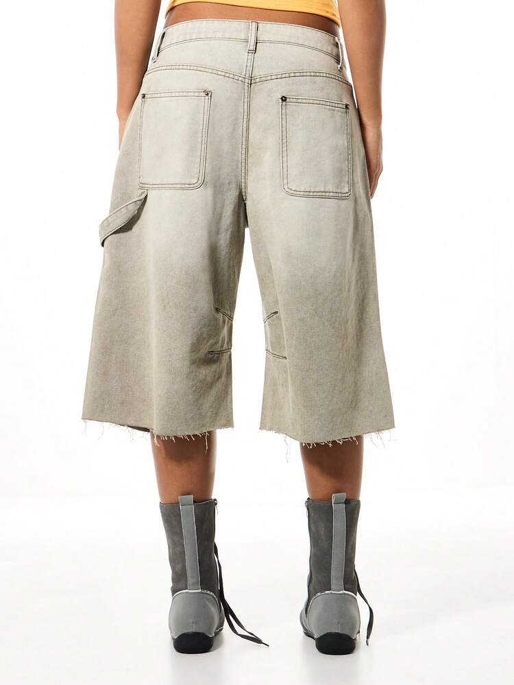 SUMWON WOMEN Rhinestone Wide Leg Denim Carpenter Jorts