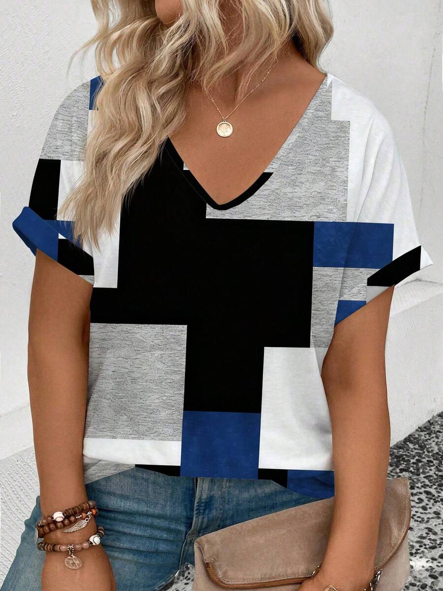 EMERY ROSE Nueva llegada Bloque de color geométrico Cuello en V Manga corta Talla grande Mujeres Camiseta estampada digital, Primavera/Verano - Multicolor - Ver 1