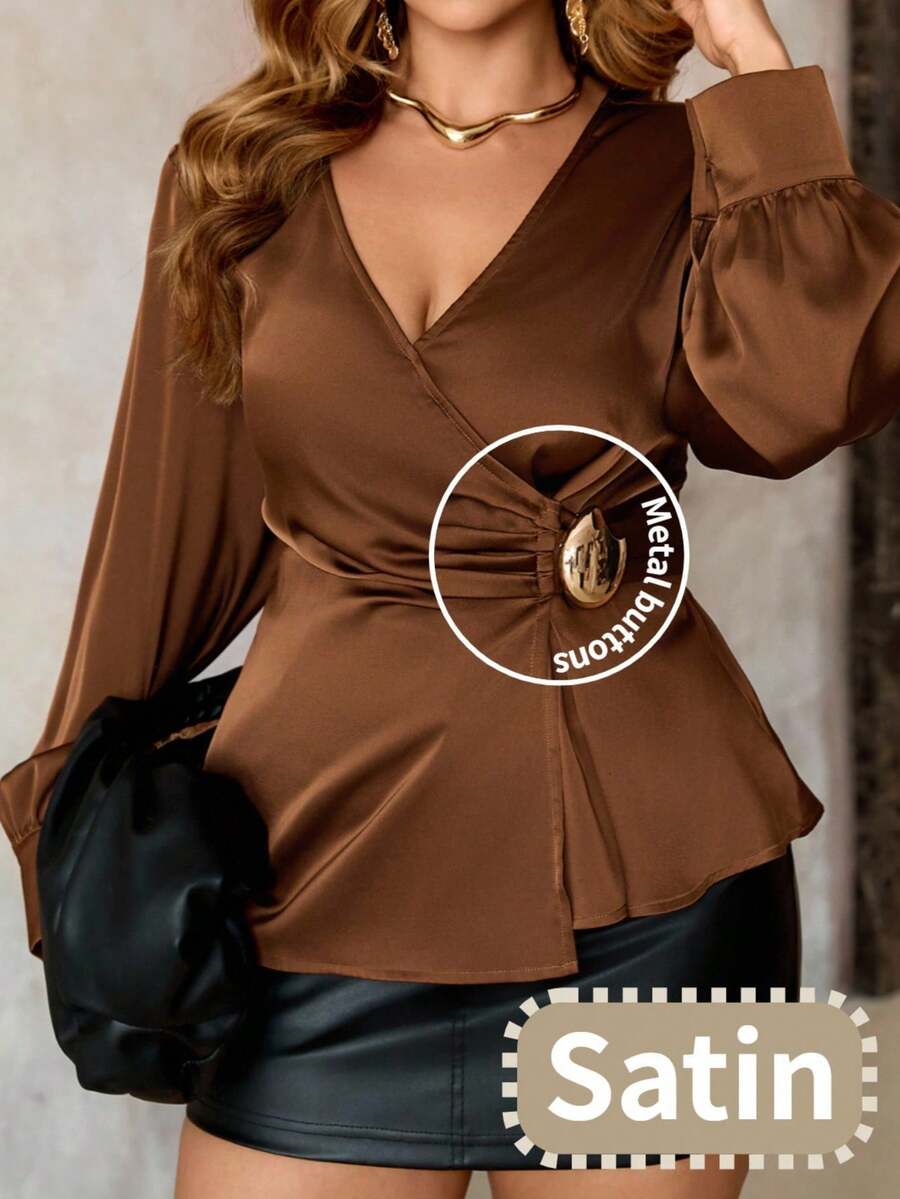 Roveilla Plus Size Women's French Elegant Luxurious Chic Christmas Party Minimalist High-End Casual Vacation Workwear Vintage Style Comfortable Solid Satin Crossover V-Neck Waist Ruched Metal Decor Button Back Elastic Cuff Long Sleeve Blouse Brown Blouses Curvy Blouses Coffee Brown Top Chocolate Brown Top Sexy Blouses Brown Long Sleeve Top - Brown - View 1