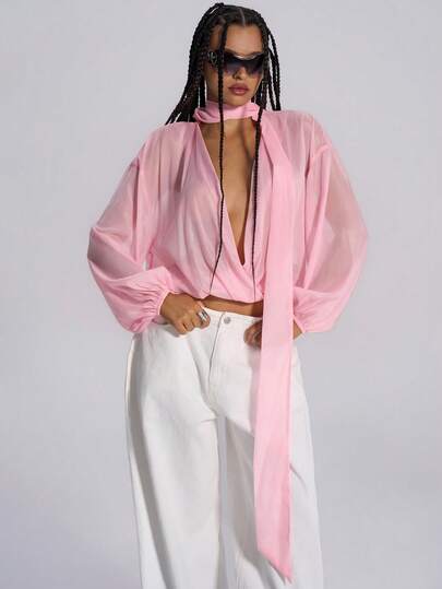 TypaGal Áo cánh tay dài hở vai cổ chữ V sâu màu trơn thời trang gợi cảm cho nữ