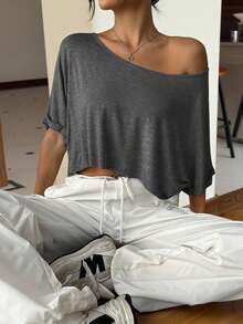 Muchica 1pc Women's Charcoal Gray Knitted Oversized Batwing Sleeve T-Shirt