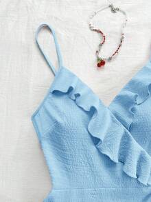 Soleia 夏季假期女士休闲玫瑰红色纹理面料腰带荷叶边饰边裹结侧 A 字吊带连衣裙 - 淺藍色 - 查看 3