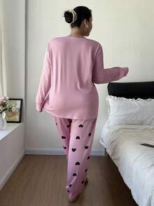 SHEIN Plus Size Letter Print Pajama Set, Heart All-Over Print Sleepwear Pants - Pink - View 2
