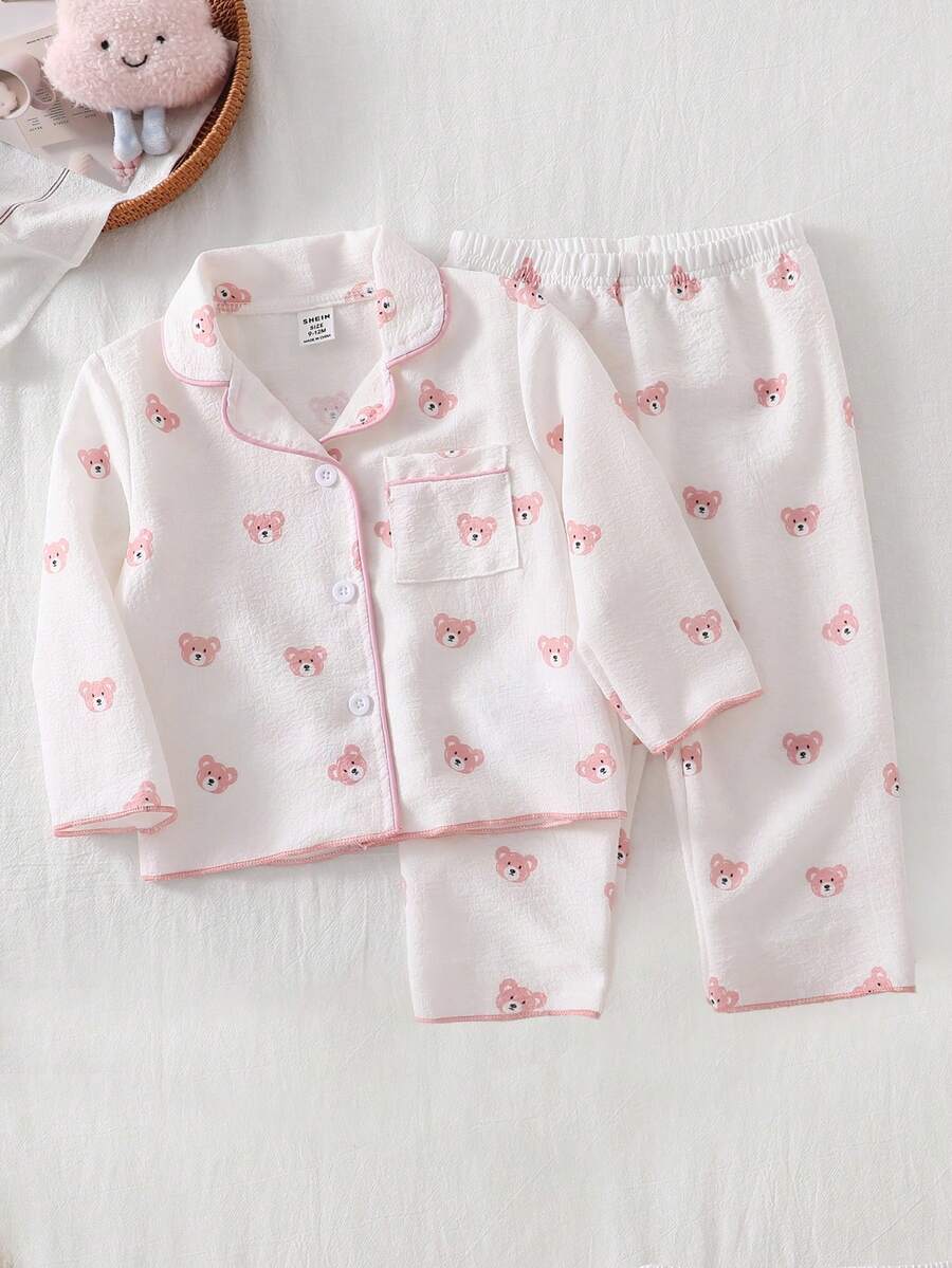 Baby Girls Pajamas-2 Pieces Pajama Set Pink Bear Print Long Sleeve Button Front Collar Top Elastic Waist Long Pants Soft Cozy Lightweight All Season Holiday 2026 Essential Nightwear Bedtime Gift For Infants Toddlers - Multicolor - View 1