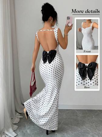 Elenzga Elegant vintage prickig rygglös lapptäcksklänning med fluga och fisksvans, lämplig för dejter, fester, graciös och charmig outfit, vår/sommar