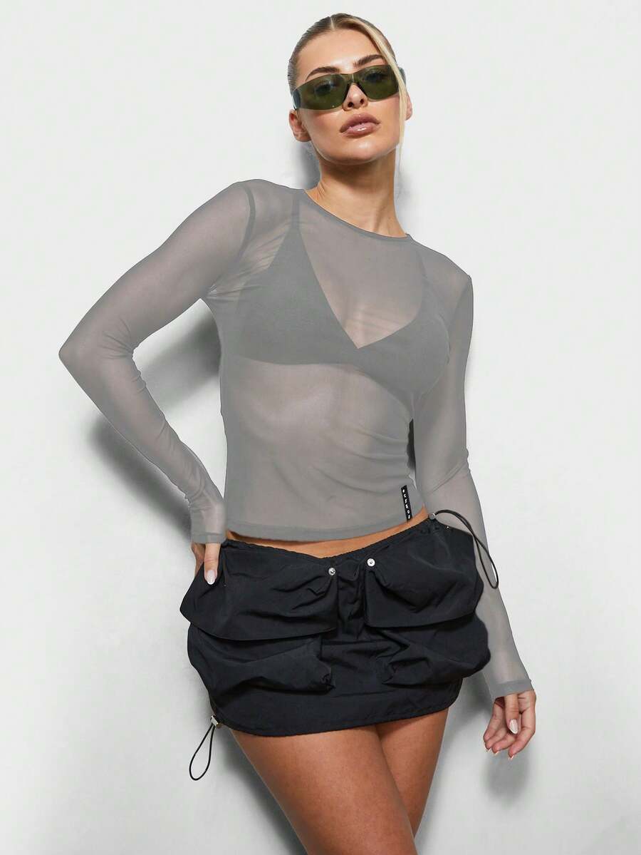 SUMWON WOMEN Long Sleeve Sheer Mesh Overlay Top With Fitted Silhouette For Casual Layering And Spring Summer Fashion - Light Grey - View 1