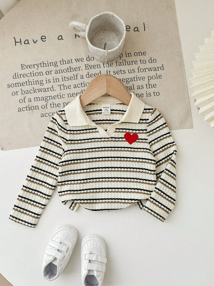 SHEIN Blusa de manga larga casual y versátil con cuello y rayas - Beis - Ver 1