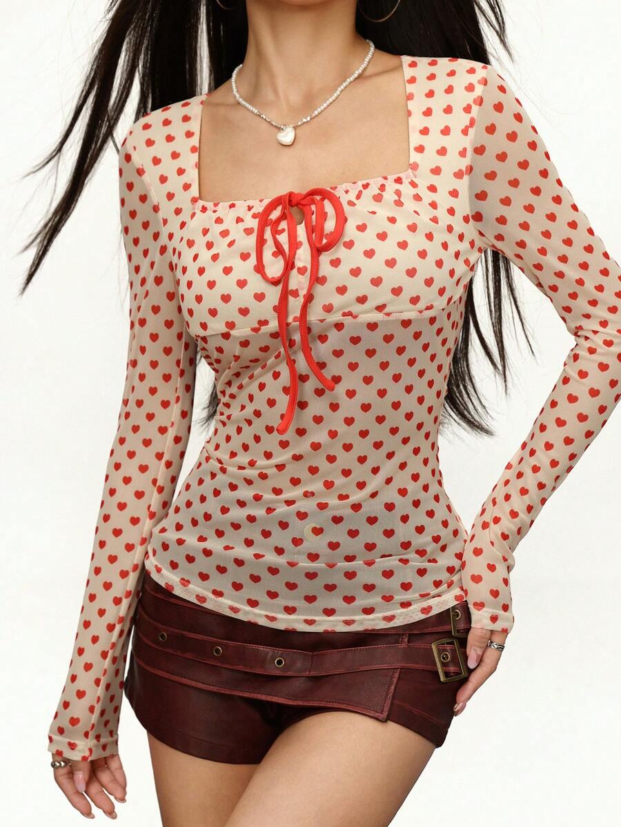 INAWLY Women's Long Sleeve Heart Print Fitted Tie Front Fashionable T-Shirt - Multicolor - View 1