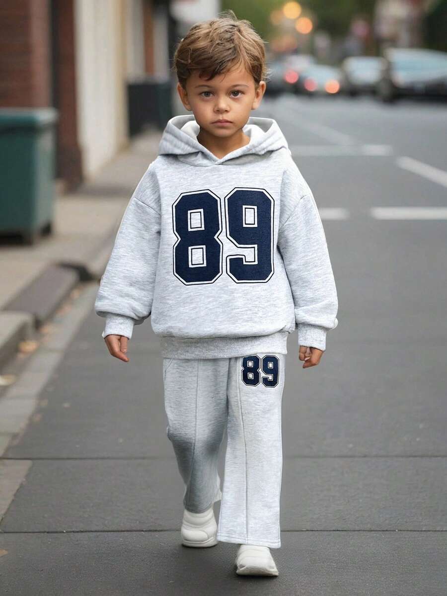 SHEIN 2pcs/Set Young Boys Casual Minimalist Fleece Thickened Hoodie Sweatshirt And Pants Set, Suitable For Autumn/Winter, Christmas, New Year - Grey - View 1