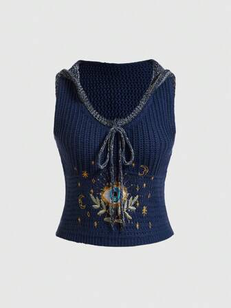 Hippie Blusa de punto sin mangas con bordado botánico y nudo delantero para mujer de talla grande