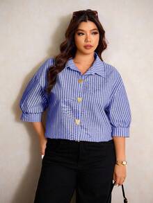 Elaquor 大码女式条纹七分袖金属单排扣休闲衬衫 - 藍白色 - 查看 6