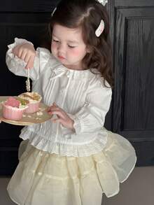 DAZY 女童荷叶边长袖韩版上衣，春秋季 - 白色 - 查看 5