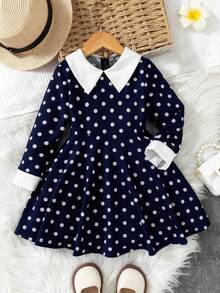 SHEIN Elladie kids 女童休闲黑色撞色领腰针织连衣裙 - 寶藍色 - 查看 3