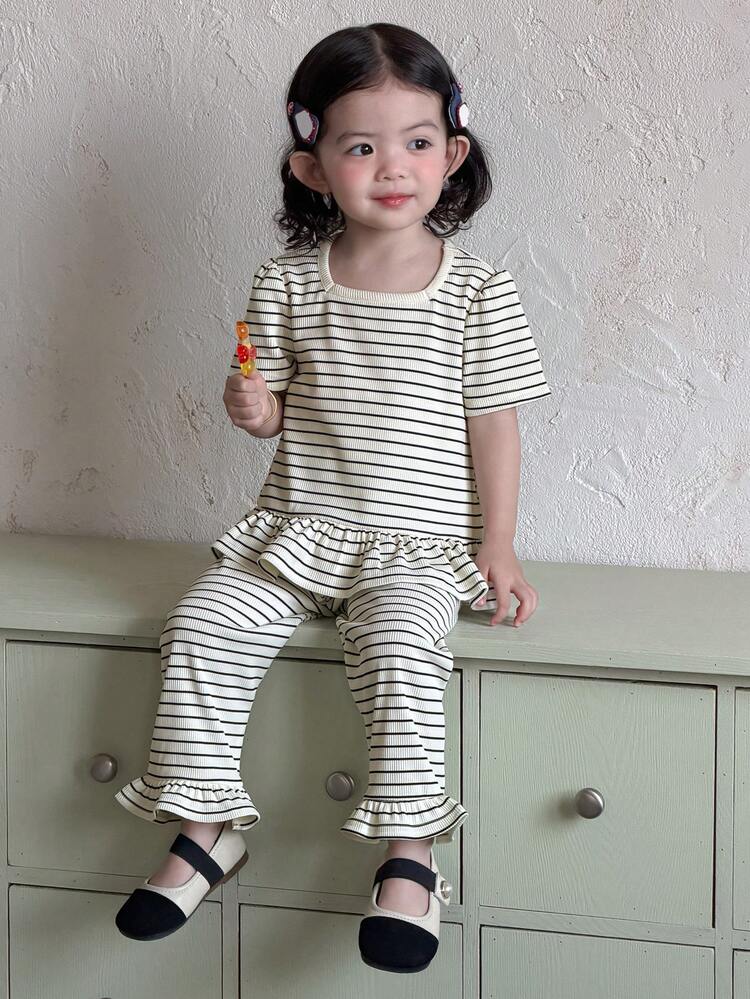 2pcs Baby Girls Striped Square Collar Long Sleeve Ruffle Hem Top And Pants Set Toddler Girls Clothes