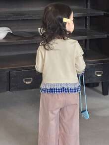 DAZY Baby Girls' Round Neck Tie-Up Plaid Patchwork Ruffle Trim Long Sleeve Top Spring - Apricot - View 5