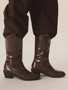 Styleloop 女士尖头时尚百搭粗跟过膝长靴 - 棕色 - 查看 4