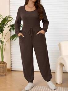EMERY ROSE Plus Size Women's Brown Round Neck Long Sleeve Warm Jumpsuit With Pockets,Autumn Casual Solid Color Everyday Smart Casual Outfits For Winter 2025 - Brown - View 2
