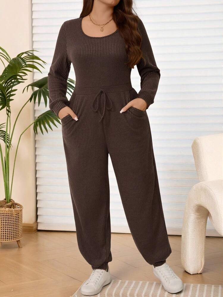 Plus Size Women's Winter /Fall Casual Solid Color Brown Round Neck Long Sleeve Warm Jumpsuit With Pockets, Autumn/Winter,Going Out Outfits,2025 New Clothes,Simple And Fashionable For Everyday Wear, Plus Size Winter Clothes,Christmas Outfit For Women ,New Year Clothes,Thanksgiving Outfit For Women