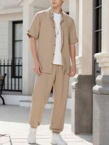 2pcs/Set Teen Boy Gentleman Outfit, Khaki Collared Shirt + Khaki Pants, Versatile Suit For Business, School, Party, Daily Casual Wear, Elegant & Minimalist Style - Khaki - View 1