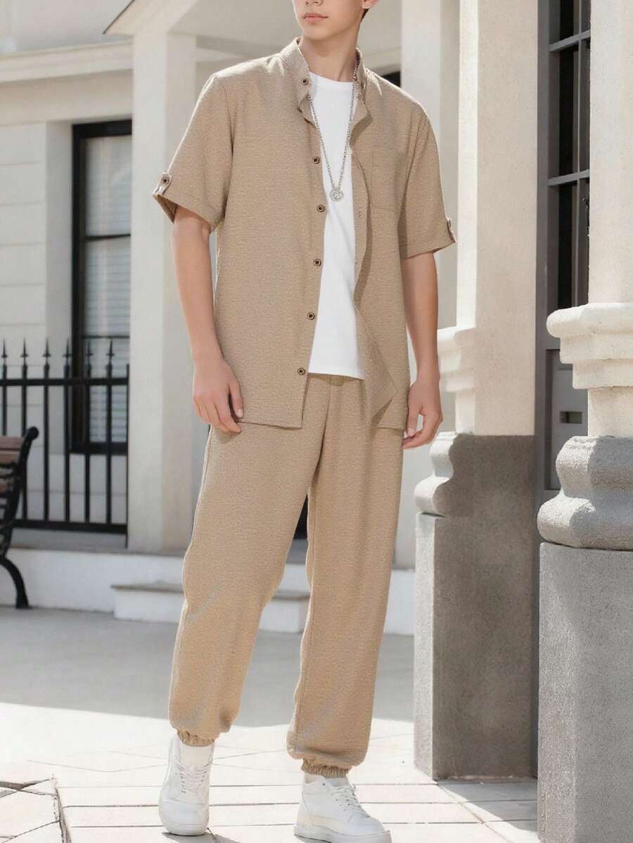 2pcs/Set Teen Boy Gentleman Outfit, Khaki Collared Shirt + Khaki Pants, Versatile Suit For Business, School, Party, Daily Casual Wear, Elegant & Minimalist Style - Khaki - View 1