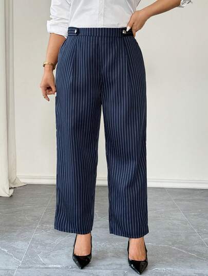 Elenzga Women's Elegant Minimalist Striped Fabric Casual Pants With Pockets, Versatile For Daily Wear, Spring/Autumn