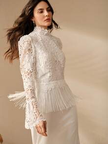 Anewsta Áo nữ màu trắng thanh lịch, đa năng, cổ đứng, thêu ren, phối nhiều mảnh, tua rua ở gấu áo, tay chuông. - trắng - Xem 4