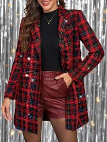 Ellevyn New Year Clothes,Women's Long Sleeve Red & Black Plaid Christmas Elegant Everyday Outerwear, Autumn/Winter - Multicolor - View 3