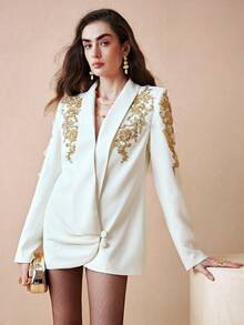 Arave 女士斜纹布深V领宽松长袖不对称设计西装外套，适合日常通勤 - 杏色 - 查看 1