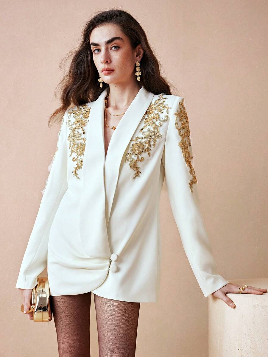 Arave 女士斜纹布深V领宽松长袖不对称设计西装外套，适合日常通勤 - 杏色 - 查看 1