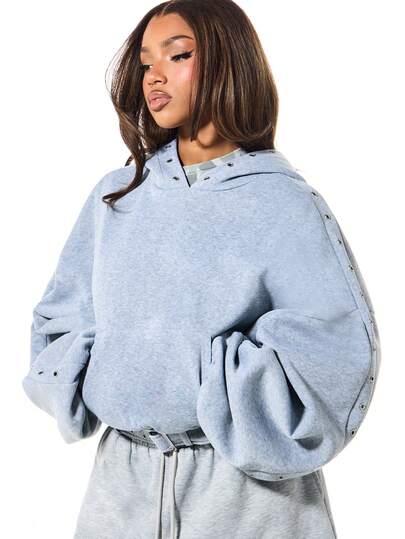 SUMWON WOMEN Oversized Boxy Hoodie With Metal Eyelet Details And Drawstring Hood Light Blue Casual Sweatshirt Top For Winter Fall Relaxed Fit Pullover