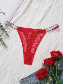 SHEIN Women Glittery Tape Lace Sexy Underwear G-String Bridal Lingerie, Rave - Red - View 3